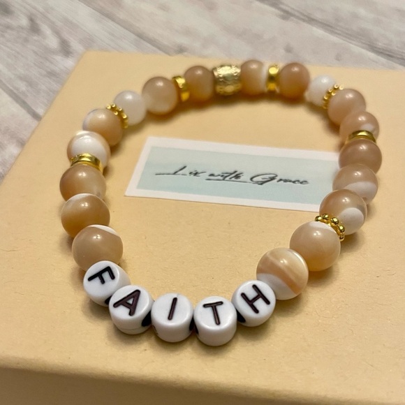 livwithgracestyles Jewelry - Faith Letter Bracelet Polished Mother of Pearl tan & white, stretch, gold